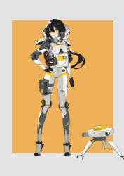 Rule 34 | 1girl, absurdres, black gloves, cable, covered navel, gloves, hair between eyes, hand on own hip, highres, long hair, mecha musume, original, parted lips, pouch, robot, science fiction, signature, standing, thigh pouch, tube, two-tone background, wire, yellow eyes, ziyue