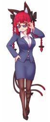 Rule 34 | 1girl, alternate costume, animal ear fluff, animal ears, cat ears, cat tail, collared shirt, commentary, commission, english commentary, formal, full body, hand on own hip, highres, kaenbyou rin, long hair, long sleeves, multiple tails, open mouth, pantyhose, red eyes, red hair, shirt, simple background, skirt, solo, standing, suit, sunglasses, tail, touhou, two tails, urban legend in limbo, white background, white shirt, wing collar, wool (miwol)
