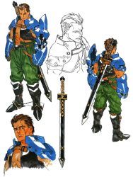 Rule 34 | 1boy, arm guards, arngrim, boots, character sheet, clenched hands, close-up, concept art, gauntlets, greatsword, holding, holding behind back, knee boots, male focus, multiple views, muscular, official art, pants, short hair, shoulder pads, standing, sword, unsheathed, valkyrie profile (series), vest, weapon, white background, yoshinari kou, yoshinari you
