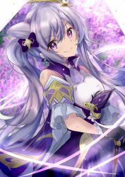 Rule 34 | 1girl, bare shoulders, commentary request, cone hair bun, dress, genshin impact, gloves, hair between eyes, hair bun, hair ornament, holding, holding sword, holding weapon, karappo (poket12), keqing (genshin impact), looking at viewer, purple dress, purple eyes, purple gloves, purple hair, sidelocks, smile, solo, swept bangs, sword, twintails, weapon