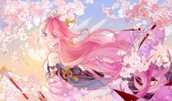 Rule 34 | 1girl, animal ears, bare shoulders, blue sky, breasts, cherry blossoms, fox ears, genshin impact, hair between eyes, hair ornament, handsomening, highres, holding, holding staff, japanese clothes, long hair, looking at viewer, looking to the side, nontraditional miko, pink hair, purple eyes, sky, solo, staff, sun, very long hair, yae miko
