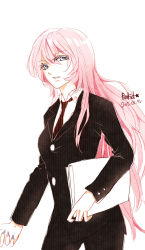 Rule 34 | 1girl, 2015, artist name, blue eyes, dated, formal, funkid, hello worker (vocaloid), long hair, looking at viewer, megurine luka, necktie, pant suit, pants, pink hair, project diva (series), project diva f 2nd, sketch, solo, suit, vocaloid, white background