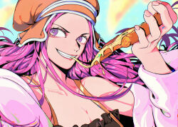 Rule 34 | 1girl, anti-eyebrow piercing, artist name, bare shoulders, commentary, english commentary, food, hat, highres, holding, holding food, holding pizza, jewelry bonney, lipstick, long hair, makeup, mygiorni, one piece, orange hat, piercing, pink hair, pizza, purple eyes, smile, solo, teeth