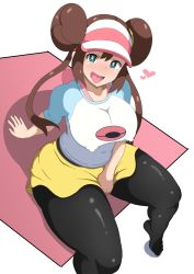 Rule 34 | 1girl, aqua eyes, blush, breasts, collarbone, covered erect nipples, creatures (company), curvy, game freak, heart, heart-shaped pupils, highres, large breasts, long hair, long sleeves, looking at viewer, naughty face, nintendo, oryutoo, pantyhose, pokemon, pokemon bw2, raglan sleeves, rosa (pokemon), short shorts, shorts, sitting, smile, solo, symbol-shaped pupils, thick thighs, thighs, tongue, tongue out, visor cap, white background, wide hips, yellow shorts