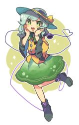 Rule 34 | 1girl, :d, bad id, bad twitter id, blouse, blue hair, blue hat, blush, boots, bow, bright pupils, commentary, full body, green eyes, green skirt, hands on own cheeks, hands on own face, hat, hat bow, highres, komeiji koishi, long sleeves, looking at viewer, one-hour drawing challenge, open mouth, round teeth, sasa kichi, shirt, skirt, smile, solo, standing, standing on one leg, teeth, touhou, wide sleeves, yellow bow, yellow shirt