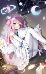 Rule 34 | 1girl, absurdres, angel wings, blue archive, blush, bow, cake, dress, feathered wings, flower, food, gonggo, hair bun, hair flower, hair ornament, halo, highres, long hair, looking at viewer, low wings, mika (blue archive), pantyhose, pink hair, scrunchie, single side bun, smile, solo, very long hair, white dress, white pantyhose, white wings, wings, yellow eyes