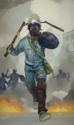 Rule 34 | 1boy, absurdres, baton (weapon), black eyes, blouse, blue jacket, blue pants, fire, gas mask, green shirt, hat, helmet, highres, holding, holding shield, jacket, knee pads, korean text, looking at viewer, male focus, mask, mossacannibalis, original, outdoors, pants, people, police, running, shield, shirt, shoes, smoke, solo focus, uniform, weapon, wide-eyed