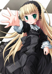 Rule 34 | 1girl, black dress, blonde hair, checkered background, childi, chin strap, dress, gosick, gothic lolita, green eyes, hairband, lolita fashion, long hair, looking at viewer, natsuhime yuran, outstretched hand, solo, victorica de blois