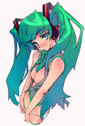 Rule 34 | 1girl, bottomless, breasts, breasts out, female focus, green eyes, green hair, hatsune miku, headset, henreki san, matching hair/eyes, mouth hold, necktie, necktie in mouth, nipples, no bra, panties, solo, twintails, underwear, vocaloid, white background