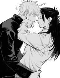Rule 34 | 2boys, closed mouth, covering another&#039;s mouth, cowboy shot, ear piercing, getou suguru, gojou satoru, greyscale, hair bun, hair pulled back, hand over another&#039;s mouth, hug, jacket, jujutsu kaisen, long hair, long sleeves, looking at another, male focus, monochrome, multiple boys, nino (nino84391425), piercing, profile, shirt, short hair, simple background, single hair bun, sparkle, standing, yaoi