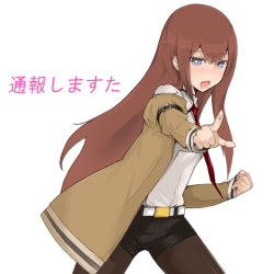 Rule 34 | 1girl, blue eyes, blush, brown hair, jacket, long hair, makise kurisu, megane chuu, necktie, open mouth, pantyhose, pantyhose under shorts, pointing, pointing at viewer, red necktie, shorts, simple background, solo, steins;gate, white background