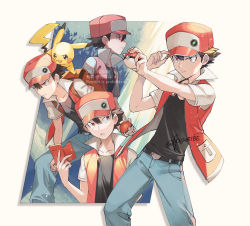 Rule 34 | 1boy, backpack, bag, baseball cap, belt, belt buckle, black shirt, brown bag, brown hair, buckle, collarbone, collared jacket, commentary request, creatures (company), game freak, gen 1 pokemon, hair between eyes, hand on headwear, hand up, hat, holding, holding poke ball, jacket, kusuribe, male focus, nintendo, open clothes, open jacket, pants, parted lips, pikachu, poke ball, poke ball (basic), pokedex, pokemon, pokemon (creature), pokemon rgby, red (pokemon), red headwear, red jacket, shirt, short hair, short sleeves, signature, twitter username, watermark