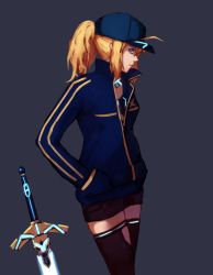 Rule 34 | 1girl, ahoge, artoria pendragon (fate), black shorts, black thighhighs, blonde hair, blue eyes, blue hat, blue sweater, fate (series), from side, grey background, hands in pockets, hat, kwi (kawaiin), long hair, mysterious heroine x (fate), ponytail, short shorts, shorts, simple background, solo, standing, sweater, sword, thighhighs, visor cap, weapon
