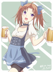 Rule 34 | 10s, 1girl, :d, ahoge, alcohol, alternate costume, apron, barmaid, beer, beer mug, bike shorts, bike shorts under skirt, blouse, blue ribbon, breasts, brown hair, cowboy shot, cup, dated, dirndl, dress, e20, from side, german clothes, hair ribbon, holding, kagerou (kancolle), kantai collection, looking away, looking to the side, miniskirt, mug, open mouth, outside border, puffy short sleeves, puffy sleeves, purple eyes, ribbon, shirt, short dress, short sleeves, shorts, shorts under skirt, skirt, small breasts, smile, solo, twintails, twitter username, underbust, waist apron, white shirt