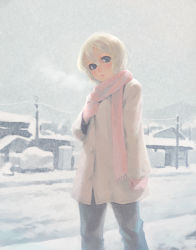 Rule 34 | 1girl, blonde hair, blue eyes, breath, day, looking at viewer, lowres, mittens, original, outdoors, pants, pink scarf, scarf, short hair, snow, solo, weno, weno&#039;s blonde original character