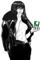Rule 34 | 1girl, absurdres, black theme, blunt bangs, breasts, cigarette, cigarette pack, coat, cowboy shot, cup, english text, glasses, greyscale, highres, holding, jacket, long hair, looking at viewer, looking to the side, monochrome, navel, nipples, open clothes, open fly, open jacket, original, pants, simple background, single nipple, smoking, solo, spot color, standing, stomach, topless, underwear, unzipped, vigwer, white background, zipper