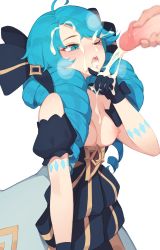 Rule 34 | 1boy, 1girl, absurdres, ahoge, bare shoulders, black gloves, blue eyes, blue hair, blush, breasts, breasts out, censored, cum, cum in mouth, cum on body, cum on clothes, cum on gloves, cum on hair, drill hair, facial, gloves, gwen (league of legends), highres, league of legends, long hair, medium breasts, mosaic censoring, nipples, one eye closed, open mouth, penis, pepper0, simple background, steam, teeth, white background