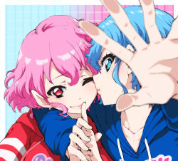Rule 34 | 1boy, 1girl, blue eyes, blue hair, brother and sister, dorothy west, enouchi ai, reona west, mole, mole under eye, pink hair, pretty series, pripara, short hair, siblings, striped, striped background, trap, twins