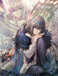 Rule 34 | 1boy, black gloves, black hair, blue eyes, butterfly wings, cape, cloak, closed mouth, coat, crown, csyday, diamond hairband, fate/grand order, fate (series), fur-trimmed jacket, fur trim, gloves, grey hair, hair between eyes, hand on own knee, insect wings, jacket, looking at viewer, medium hair, multiple persona, oberon (fate), oberon (third ascension) (fate), pants, short hair, single glove, sitting, smile, spoilers, wings