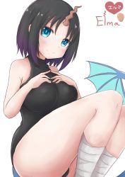 Rule 34 | 1girl, bandages, black hair, black leotard, blue eyes, blush, bob cut, breasts, character name, covered collarbone, dada (qq871qw871), dragon girl, dragon horns, dragon tail, elma (maidragon), eyebrows, gradient hair, hair between eyes, hands on own chest, heart, horns, kobayashi-san chi no maidragon, large breasts, legs together, leotard, looking at viewer, multicolored hair, purple hair, short hair, simple background, single horn, sitting, smile, solo, split mouth, tail, turtleneck, white background