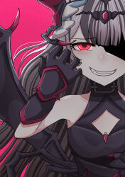 Rule 34 | 1girl, amamitsu9, black gloves, black hair, collar, dark persona, dress, evil smile, fire emblem, fire emblem engage, gloves, highres, jewelry, long hair, multicolored hair, nintendo, pink background, red eyes, shaded face, simple background, smile, solo, tooth, two-tone hair, very long hair, veyle (fell successor) (fire emblem), veyle (fire emblem), white hair