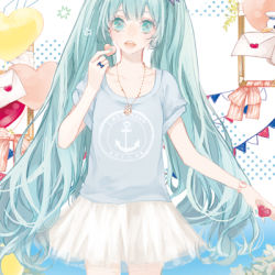 Rule 34 | 1girl, bad id, bad pixiv id, blue eyes, blue hair, hatsune miku, jewelry, letter, long hair, love letter, lowres, matching hair/eyes, necklace, open mouth, shirt, skirt, solo, t-shirt, vocaloid, yua (tick-tack)