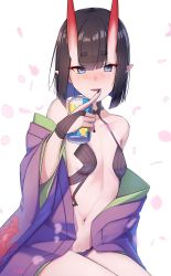 Rule 34 | 1girl, absurdres, bare shoulders, beer can, black hair, black nails, blue eyes, blush, bob cut, breasts, can, cherry blossoms, collarbone, drink can, eyeliner, fate/grand order, fate (series), finger to mouth, highres, horns, japanese clothes, kimono, looking at viewer, makeup, nail polish, navel, off shoulder, oni, open clothes, open kimono, open mouth, pointy ears, purple eyes, purple kimono, revealing clothes, sawarineko, short eyebrows, short hair, shuten douji (fate), skin-covered horns, small breasts, smile, solo, upper body, white background