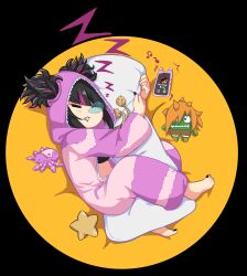 Rule 34 | 1girl, absurdres, black nails, blanka-chan, cellphone, han juri, highres, multicolored hair, nose bubble, hugging object, official alternate costume, official alternate hairstyle, pajamas, phone, pillow, pillow hug, pink pajamas, rewoqs, ryu (street fighter), sleeping, smartphone, solo, street fighter, street fighter 6, stuffed spider, twintails, zzz