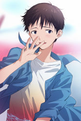 Rule 34 | 11kkr, 1boy, arm up, blue coat, blue eyes, blush, brown hair, closed mouth, coat, happy, highres, ikari shinji, light blush, looking at viewer, neon genesis evangelion, open mouth, shirt, short hair, simple background, smile, solo, standing, white shirt
