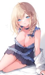 Rule 34 | 1girl, arm support, bare arms, black choker, black dress, blonde hair, blue eyes, blush, breasts, choker, collarbone, commentary request, commission, dress, dress shirt, fukunoki tokuwa, heart, highres, large breasts, legs together, looking at viewer, open mouth, original, shirt, sitting, skeb commission, solo, virtual youtuber, white shirt