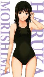Rule 34 | 1girl, amagami, black hair, black one-piece swimsuit, character name, curly hair, female focus, jpeg artifacts, long hair, looking at viewer, morishima haruka, one-piece swimsuit, simple background, smile, solo, swimsuit, takayama kisai, white background, wide hips