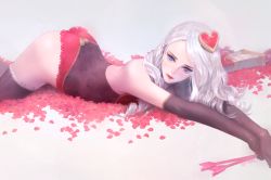 Rule 34 | 1girl, alternate costume, arched back, arrow (projectile), artist name, ashe (league of legends), ass, black gloves, blue eyes, elbow gloves, gloves, hair ornament, heart, heart hair ornament, heartseeker ashe, heather37, league of legends, lips, long hair, looking at viewer, lying, on stomach, petals, silver hair, solo