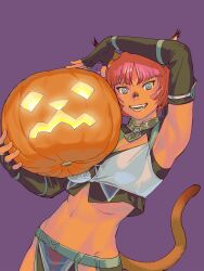 Rule 34 | 1girl, absurdres, adventurer (ff11), animal ears, black gloves, breasts, brown tail, cat ears, cat girl, cat tail, cleavage, elbow gloves, facial mark, fangs, final fantasy, final fantasy xi, food, gloves, highres, holding, holding food, holding pumpkin, holding vegetable, jack-o&#039;-lantern, looking at viewer, medium breasts, mithra (ff11), navel, open mouth, parted bangs, pumpkin, purple background, short hair, simple background, smile, solo, tail, tail raised, vegetable, whisker markings, yuccoshi