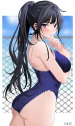 Rule 34 | 1girl, ass, black eyes, black hair, blue one-piece swimsuit, blue sky, blurry, breasts, chain-link fence, cloud, commentary request, competition school swimsuit, cowboy shot, depth of field, fence, hand on own chin, highres, long hair, medium breasts, one-piece swimsuit, original, ponytail, school swimsuit, sky, solo, swimsuit, twitter username, xretakex
