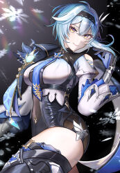 Rule 34 | 1girl, black gloves, black hairband, blue cape, blue gloves, blue hair, blue necktie, boots, breasts, cape, chest harness, closed mouth, clothing cutout, cowboy shot, crossed legs, dark background, eula (genshin impact), genshin impact, gitatsu, gloves, hair ornament, hairband, hand up, harness, high-waist shorts, highres, large breasts, lens flare, long sleeves, looking at viewer, medium hair, necktie, playing with own hair, shorts, shoulder cutout, smile, snowflakes, solo, spotlight, thigh boots, thighs, turning head, vision (genshin impact), watson cross, white sleeves, wide sleeves, yellow eyes