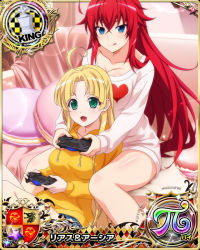 Rule 34 | 2girls, ahoge, asia argento, blonde hair, blue eyes, breasts, card (medium), chess piece, collarbone, controller, couch, green eyes, hair between eyes, heart, high school dxd, high school dxd pi, holding, holding controller, king (chess), large breasts, long hair, long sleeves, multiple girls, official art, open mouth, pillow, red hair, rias gremory, sitting, tongue, tongue out