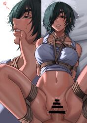 Rule 34 | 1boy, 1girl, absurdres, arms behind back, bar censor, bdsm, black hair, blush, bondage, bound, censored, chainsaw man, eyepatch, frogtie, grey tank top, hand on another&#039;s face, harris hero, hetero, highres, himeno (chainsaw man), looking at another, looking at viewer, navel, parted lips, penis, pov, sex, shibari, shibari over clothes, short hair, spread legs, tank top