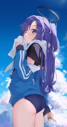 Rule 34 | 1girl, absurdres, ass, black shirt, blue archive, blue sky, blush, bottle, buruma, cloud, commentary request, halo, highres, holding, holding bottle, jacket, jacket partially removed, looking at viewer, official alternate costume, outdoors, purple eyes, purple hair, revision, shirt, sideways glance, sky, solo, star sticker, sticker on face, sweatdrop, towel, track jacket, water bottle, white towel, yuuka (blue archive), yuuka (track) (blue archive), ziuuun