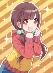 Rule 34 | + +, :d, blue pants, blush, brown hair, brown hoodie, character request, diagonal stripes, hair bobbles, hair ornament, hair over shoulder, hands up, highres, hood, hood down, hoodie, idolmaster, idolmaster shiny colors, long hair, long sleeves, looking at viewer, low twintails, open mouth, pants, red eyes, sleeves past wrists, smile, solo, sparkle, striped, striped background, tadanoshi kabane, twintails, very long hair