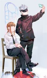 Rule 34 | 1boy, 1girl, absurdres, arm up, black necktie, black pants, blood, blood on ground, braid, braided ponytail, breasts, business suit, cellphone, chainsaw man, chair, collared shirt, crossed legs, crossover, eye mask, formal, gojou satoru, hand in pocket, hand on own leg, highres, holding, holding phone, jujutsu kaisen, kyuuba melo, light smile, long hair, makima (chainsaw man), medium breasts, mouse (animal), necktie, office lady, pants, phone, pool of blood, ringed eyes, selfie, shirt, shirt tucked in, sitting, smartphone, smile, smirk, suit, taking picture, teacher, trait connection, white shirt, window, yellow eyes