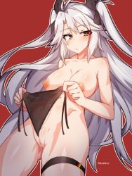 Rule 34 | 1girl, azur lane, cleft of venus, cowboy shot, frown, holding, holding clothes, holding underwear, long hair, nipples, panties, parted bangs, prinz eugen (azur lane), pussy, red background, silver hair, simple background, solo, tilt-shift (azalanz), two side up, underwear, very long hair, yellow eyes