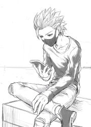 Rule 34 | 1boy, bad id, bad pixiv id, camus (dq11), cellphone, collarbone, commentary request, dragon quest, foot out of frame, greyscale, holding, holding phone, leg up, crossed legs, long sleeves, looking down, male focus, mask, mondi hl, monochrome, mouth mask, pants, phone, shirt, shoes, sitting, smartphone, solo, spiked hair