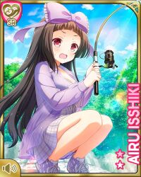 Rule 34 | 1girl, :o, black hair, bow, character name, collarbone, day, dress, fishing, girlfriend (kari), head bow, isshiki airu, jacket, long hair, official art, open mouth, outdoors, purple bow, purple dress, purple jacket, qp:flapper, red eyes, river, shoes, side ponytail, sitting, sneakers, tagme