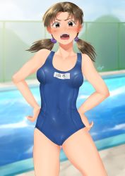 Rule 34 | 1girl, absurdres, angry, blush, breasts, brown eyes, brown hair, contrapposto, fence, gluteal fold, hair between eyes, hands on own hips, highres, horaki hikari, igarashimw, neon genesis evangelion, open mouth, pool, school swimsuit, short hair, small breasts, solo, swimsuit, teeth, thighs, tongue, twintails, upper teeth only