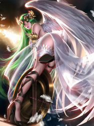 Rule 34 | 1girl, angel wings, ass, bent over, black footwear, breasts, circlet, dress, falling feathers, feathers, floating hair, green eyes, green hair, high heels, kid icarus, leaning forward, liang xing, lips, long hair, looking back, nintendo, palutena, shield, solo, standing, standing on one leg, straight hair, thigh strap, vambraces, very long hair, white dress, wings