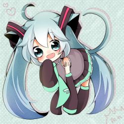 Rule 34 | 1girl, animal ears, aqua eyes, blue hair, blush, cat ears, cat tail, chibi, detached sleeves, hatsune miku, long hair, looking at viewer, necktie, open mouth, shii (cocoa), skirt, smile, solo, tail, thighhighs, twintails, vocaloid