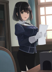 Rule 34 | 1girl, black hair, black skirt, blush, breasts, brown eyes, chair, day, desk, gloves, haguro (kancolle), haguro kai ni (kancolle), hair ornament, indoors, jacket, kantai collection, long sleeves, looking at viewer, medium breasts, military uniform, office, open mouth, pantyhose, papers, pencil skirt, purple jacket, short hair, skirt, smile, solo, tomoyo kai, uniform, white gloves, white pantyhose, window