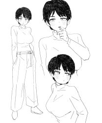 Rule 34 | 1girl, breasts, dot nose, full body, hand to own mouth, hands in pockets, highres, kms2605, large breasts, looking at viewer, looking to the side, medium breasts, monochrome, multiple views, original, pants, parted lips, short hair, simple background, sketch, standing, sweater, tomboy, turtleneck, turtleneck sweater, upper body