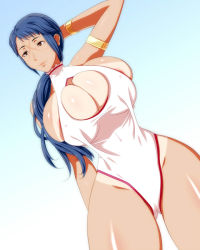 Rule 34 | 1girl, 286c, armband, blue hair, bracelet, breasts, cleavage, cleavage cutout, clothing cutout, female focus, fire emblem, fire emblem fates, gold, gradient background, huge breasts, jewelry, mature female, nintendo, nipple slip, nipples, one-piece swimsuit, orange eyes, ponytail, reina (fire emblem), scar, smile, solo, swimsuit, tan, tanline, thick thighs, thighs, white background