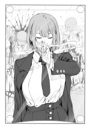 Rule 34 | 1girl, 3boys, absurdres, blood, breasts, closed eyes, collared shirt, corpse, greyscale, hat, highres, large breasts, mirror, monochrome, multiple boys, necktie, original, reflection, shirt, shirt tucked in, short hair, skirt, smoke, smoking, stab, zuoteng lucha